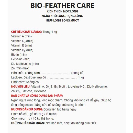 BỘT BIO FEATHER CARE Giúp Mọc Lông, Ngừa Khô Lông, Rụng Lông, Giúp Lông Bóng Mượt gói 5g xuất xứ Việt Nam