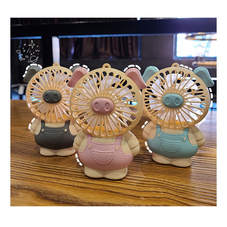 Quạt Điện Mini Cầm Tay Hình Chú Heo Dễ Thương Sạc Cổng Usb Có Đèn Tiện Dụng