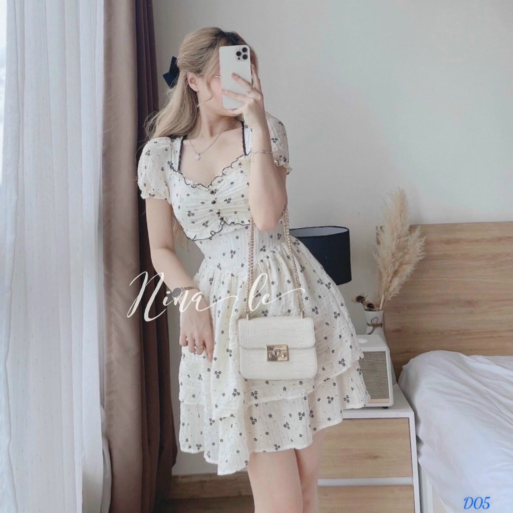 [Sale cuối tháng+ free ship] Đầm tiểu thư hoa nhí đi chơi với thiết kế tà xếp tầng có mút cực đẹp