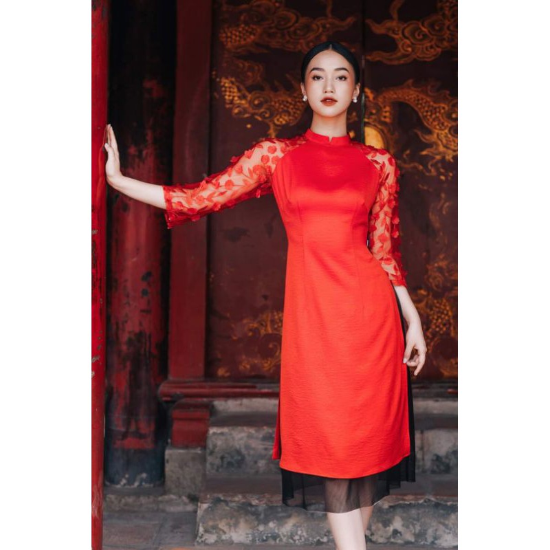 Áo dài nữ💝FREESHIP💝 Áo dài cách tân kèm chân váy phối tay hoa nổi