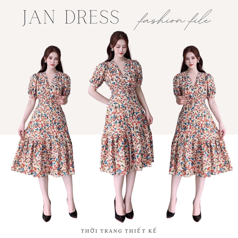 Đầm váy hoa, váy hoa nhí nữ ,JANDRESS  thiết kế cổ V phối chân váy xếp ly sang trọng, lịch sự v129
