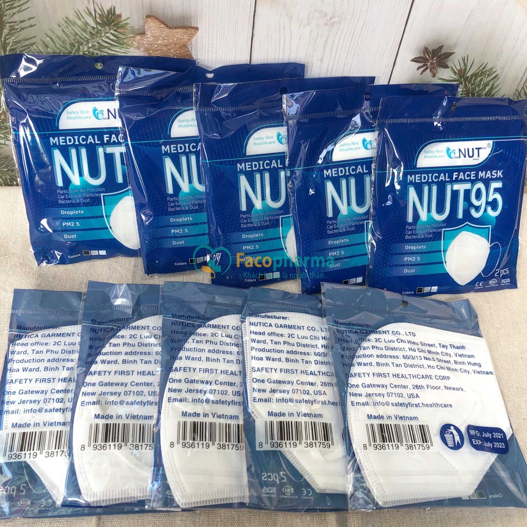 Khẩu trang N95 chính hãng NUT95 kháng khuẩn 5 lớp ngăn bụi mịn khói bụi và giọt bắn hộp 20 cái NUTN95O