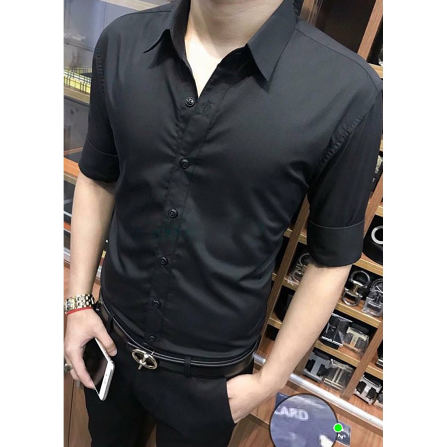 Áo Sơ Mi Nam Dài Tay Đen Trơn Chất Lụa Mịn Dáng Vừa Thoáng Mát Thông Hơi