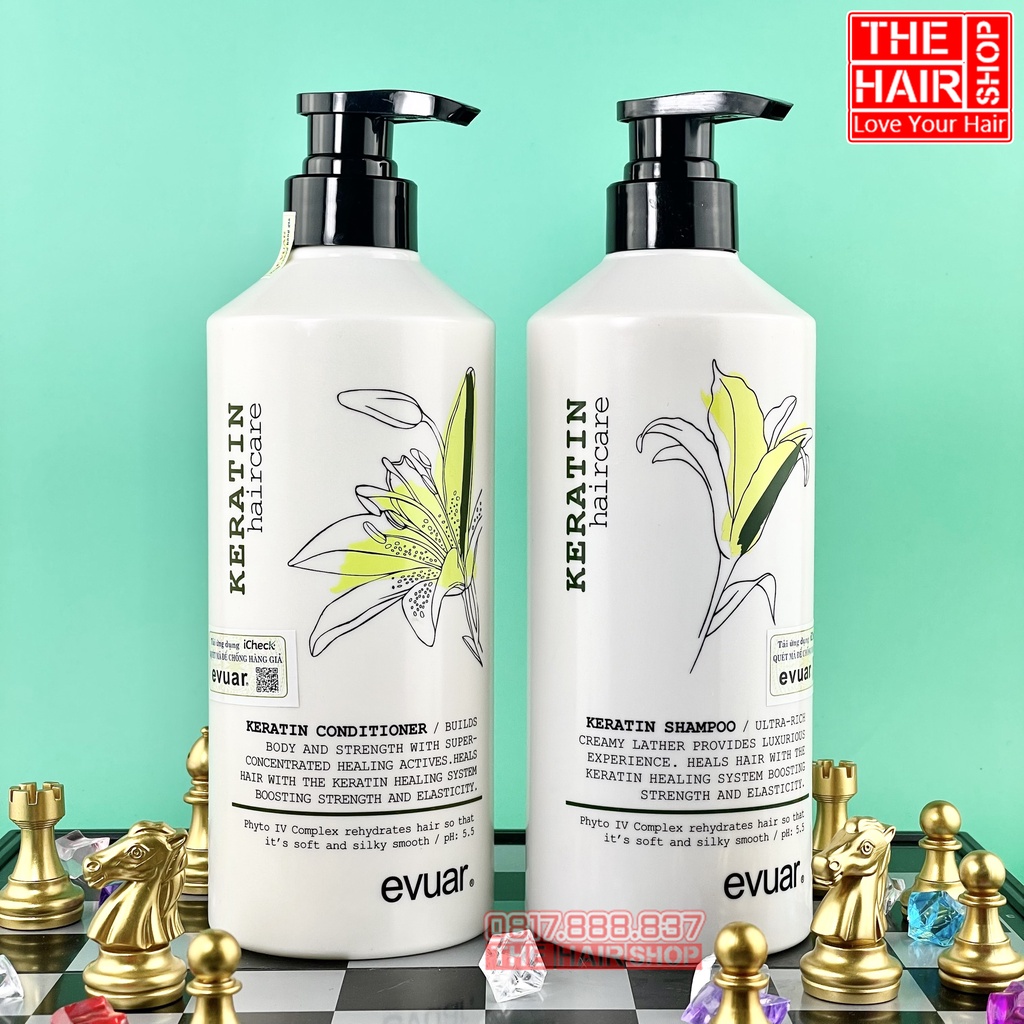 Cặp Dầu Gội Xả KERATIN EVUAR  750ml | Phục Hồi Tóc Hư Tổn, Chống Rụng Tóc | Kích thích mọc tóc