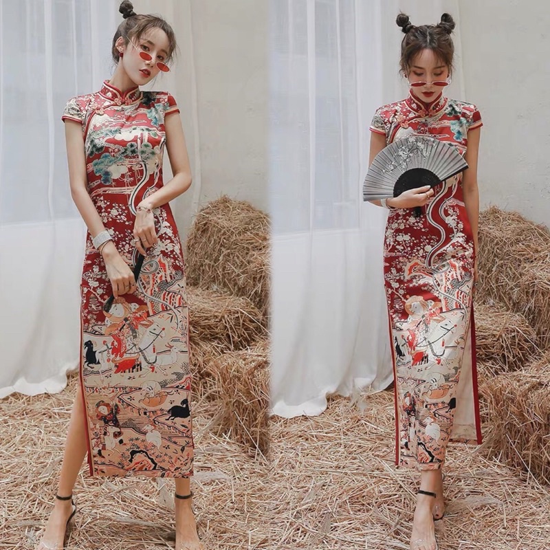 Sườn xám xẻ đỏ🌹thượng hải dáng váy dài. Váy ôm sát body cổ trang
