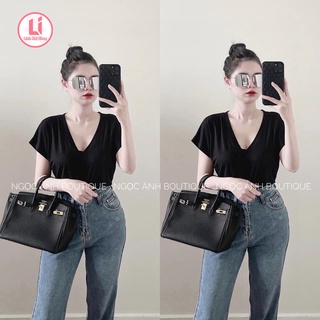 Áo phông nữ, áo thun nữ cổ tim trắng đen