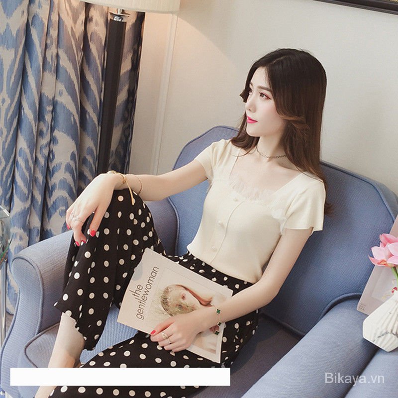 Quần Chiffon Ống Rộng Lưng Cao Họa Tiết Chấm Bi Hàng Mới Dành Cho Nữ