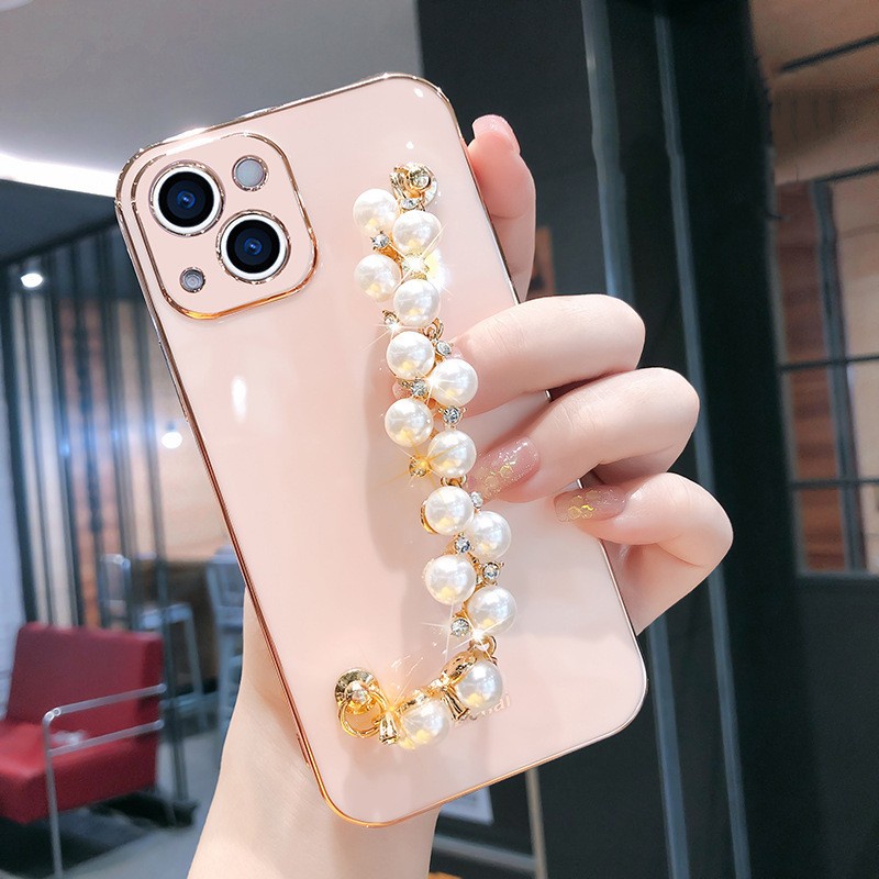 Ốp Điện Thoại TPU Mạ Màu Ngọc Trai Có Dây Đeo Chuỗi Hạt Cho Samsung A53 A73 S21 S30 S21 S22 FE Plus Ultra