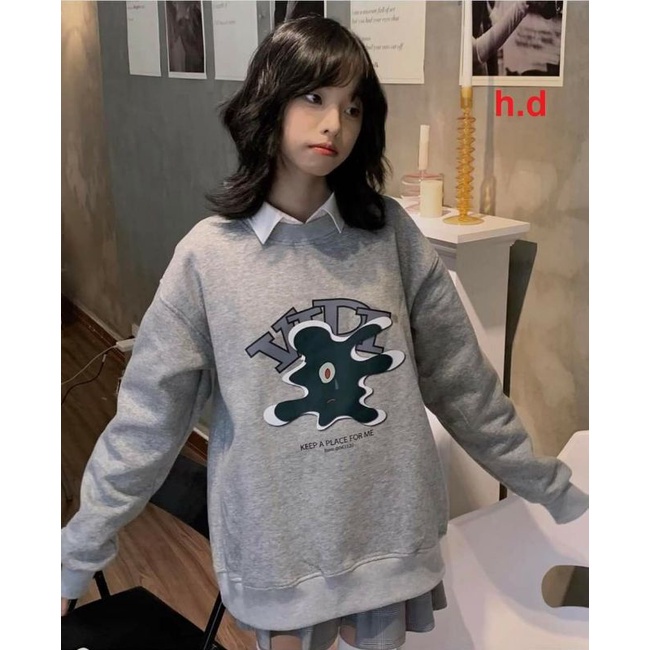 Áo Nỉ Zip Dài Tay Keep; Quả cầu in lưngSweater cổ tròn dài tay bồng, thun hoodie form rộng Ulzzang