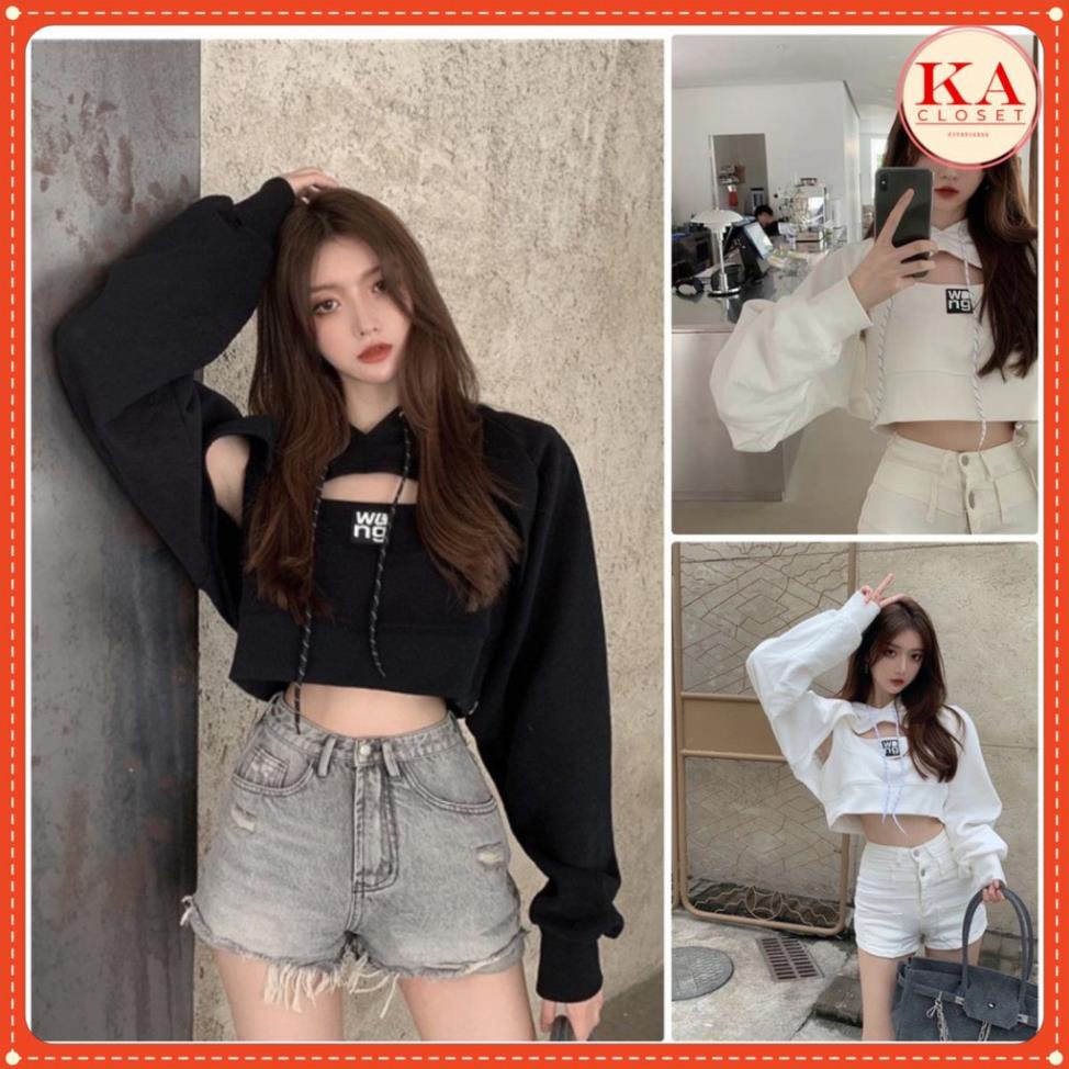 Set Áo Thun Sweater Croptop Dài Tay Cutout có Mũ + Áo 3 Lỗ Phối Thêu Siêu Chất ་