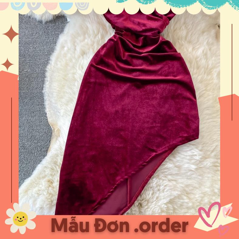 (Mẫu Đơn.order) Váy cổ quây sexy dáng ôm chất nhung 3 màu có size váy dáng chéo