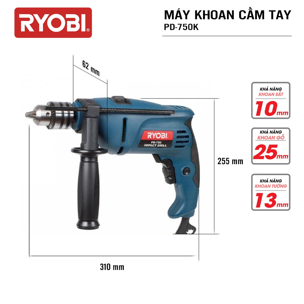 Bộ máy khoan cầm tay đa năng điện 750W RYOBI (KYOCERA) - PD-750K (Kèm 77 linh kiện)