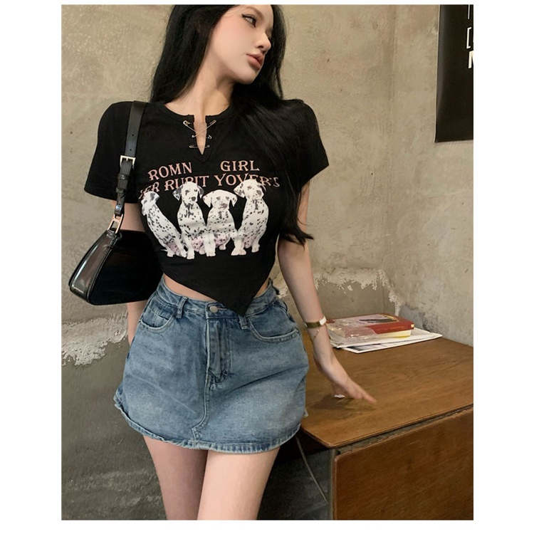 【WANG JIAO ZHAN】 Áo crop top thun cotton ngắn tay in họa tiết xinh xắn cho nữ【9943】