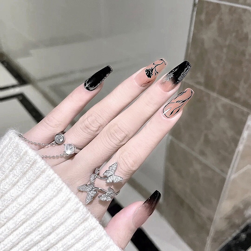 set 24 móng tay giả dài vuông họa tiết hoa hồng Jojo móng giẩ nailbox rẻ đẹp móng úp thời trang tự làm tại nhà