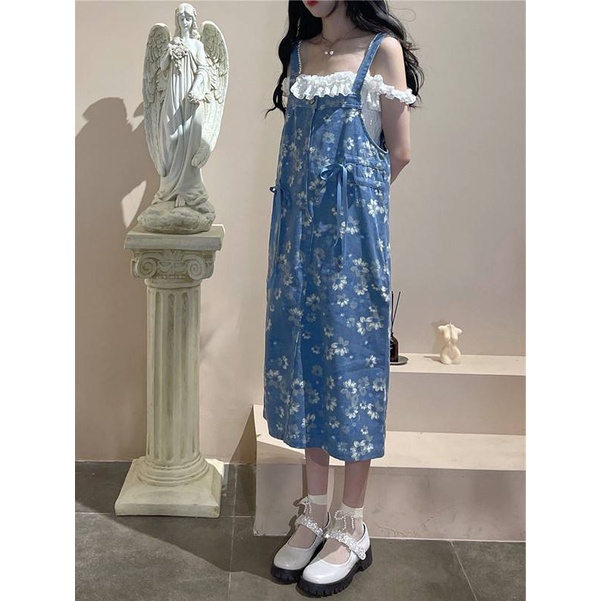 Đầm denim hai dây dáng rộng họa tiết hoa phong cách retro thời trang mùa hè trẻ trung dễ thương cho nữ