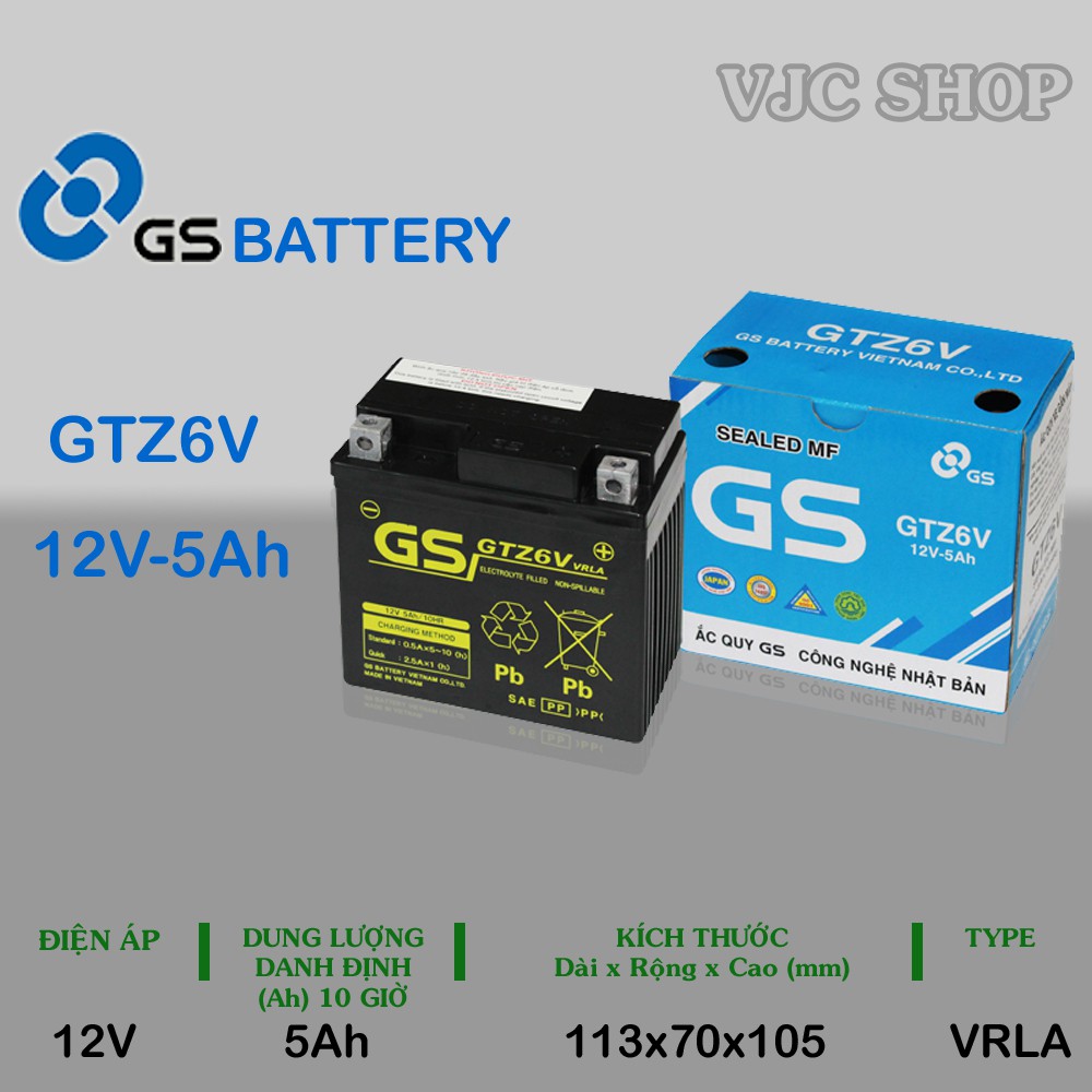 Bình ắc quy xe máy GTZ6V 12V 5AH chính hãng GS BATTERY loại bình khô, bảo hành 12 tháng