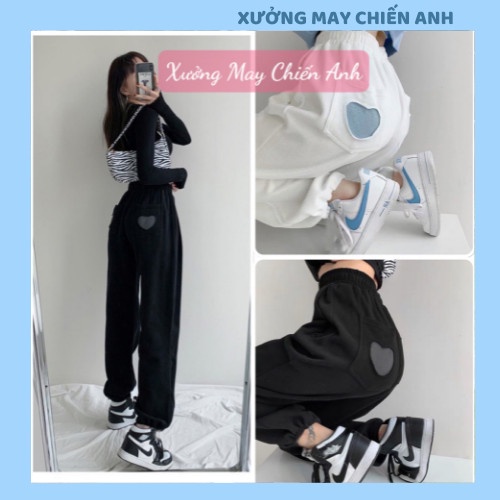 Quần jogger nữ có 2 màu Đen Trắng chất umi đanh mịn không xù dầy, tim đẹp,chun ống from rộng, hình tim túi sau hot trend