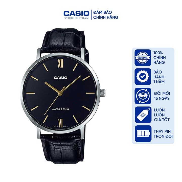 Đồng hồ Nam Casio MTP-VT01L-1B, đồng hồ chính hãng, dây da đen mặt đen