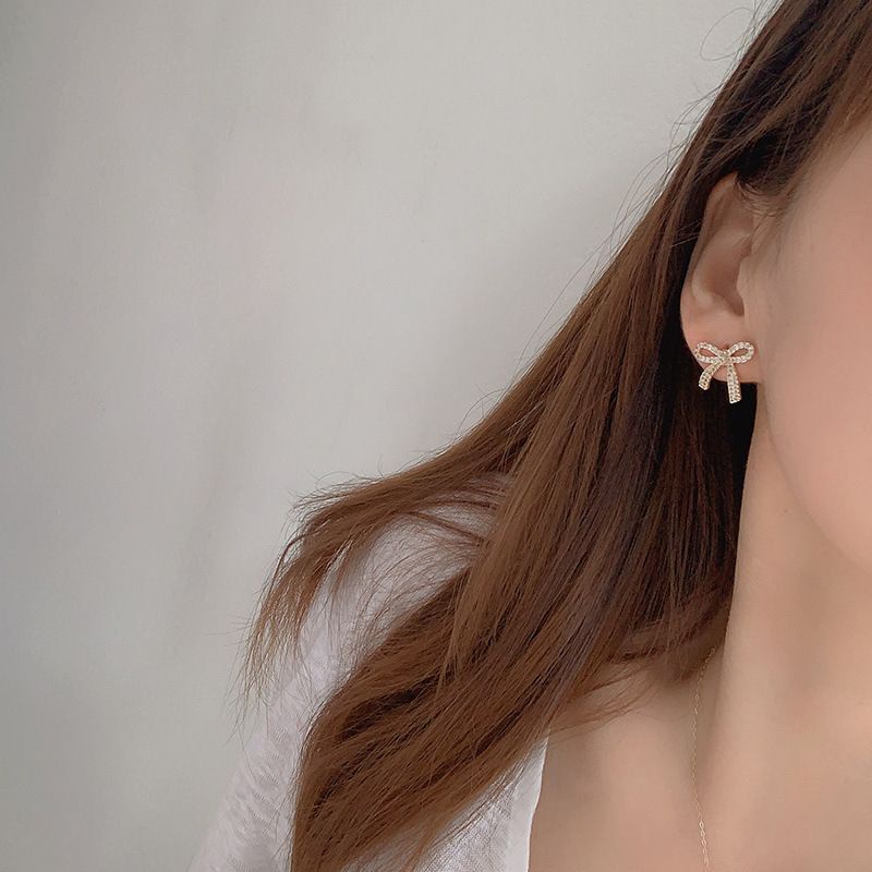 Bông tai bạc S925 - Hoa tai bạc Ý thắt nơ nhỏ đính đá dễ thương, sang trọng ZaZa accessories
