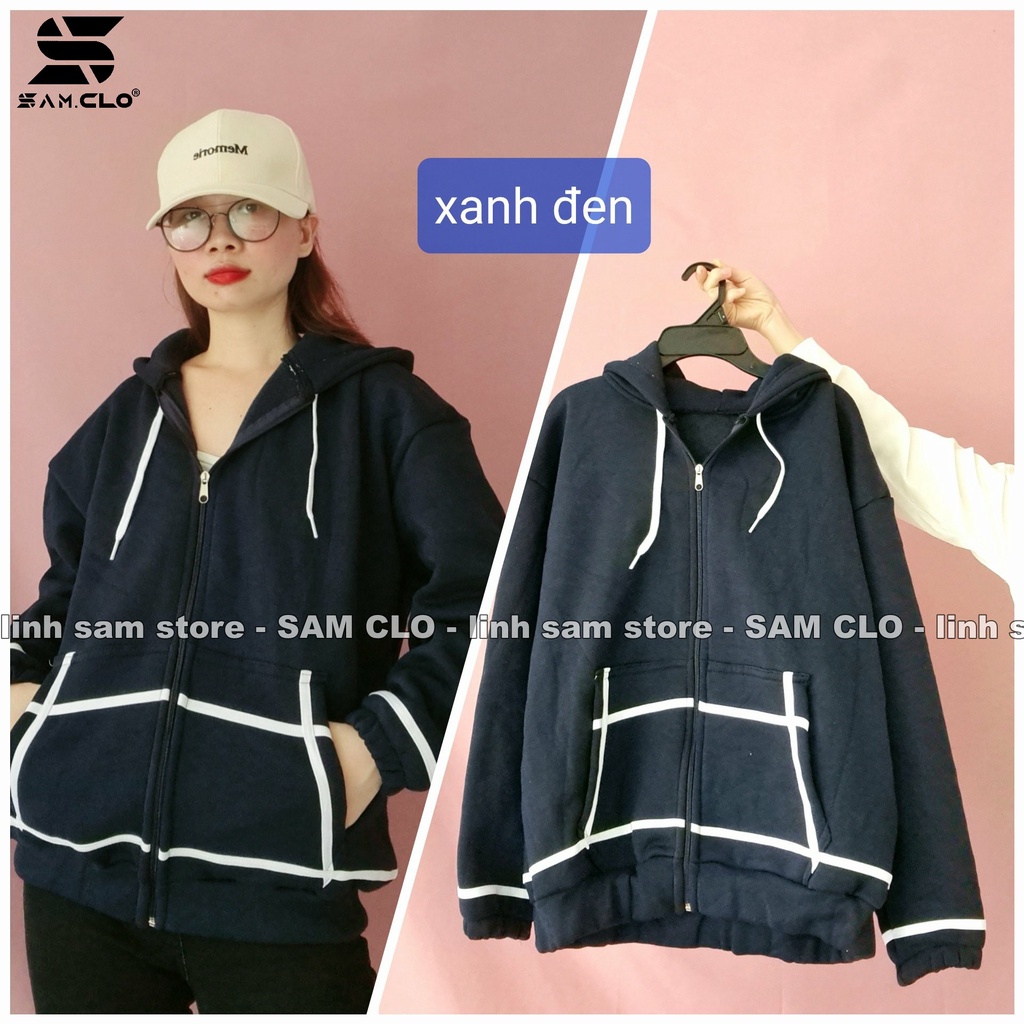 (Dưới 55kg)Áo khoác nỉ SAM CLO có mũ khóa kéo freesize nữ dáng unisex CÓ BO VIỀN TRẮNG