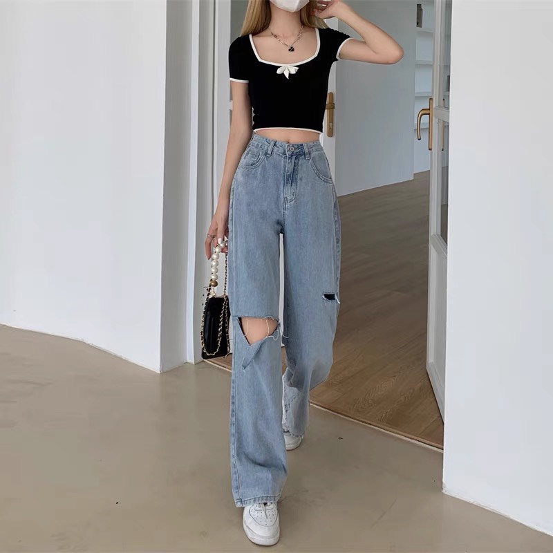 Quần jean nữ ống rộng rách 2 bên quần bò nữ ống suông lưng cao VAVASA QJ18