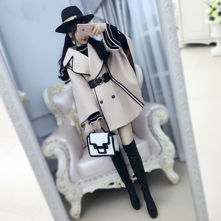 Áo khoác mùa đông thêm nhung dày thì áo lông dơi viền đen màu be, choàng nữ 2020 mới | BigBuy360 - bigbuy360.vn