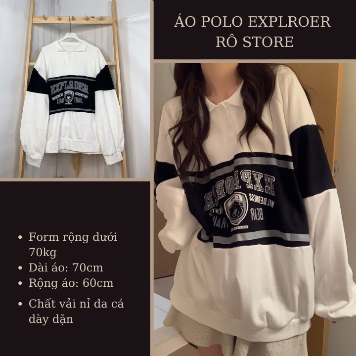 Áo sweater nữ/ Áo nỉ polo unisex dài tay form rộng tay bồng EXPLRER nam nữ phong cách Hàn Quốc RÔ STORE PL04