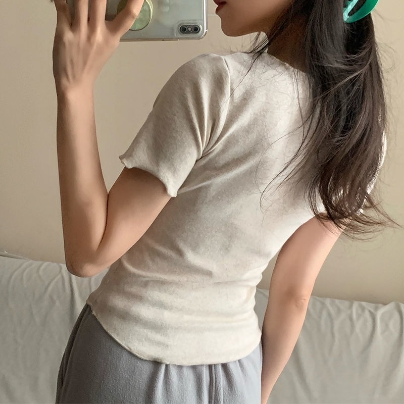 Áo Thun Tay Ngắn Cổ Chữ V Mềm Mại Dáng Ôm Thời Trang Mùa Hè Dành Cho Nữ