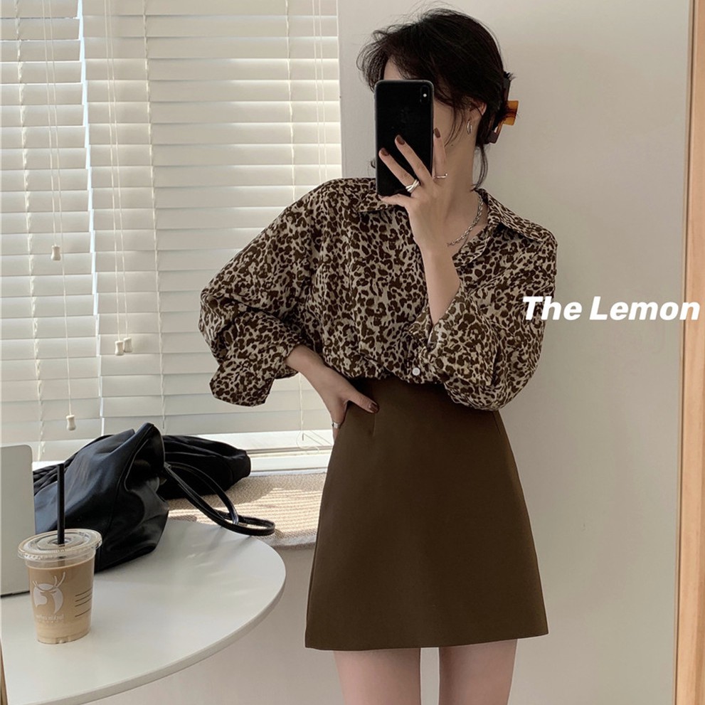 Áo sơ mi họa tiết da báo phong cách Hàn Quốc cổ điển thời trang