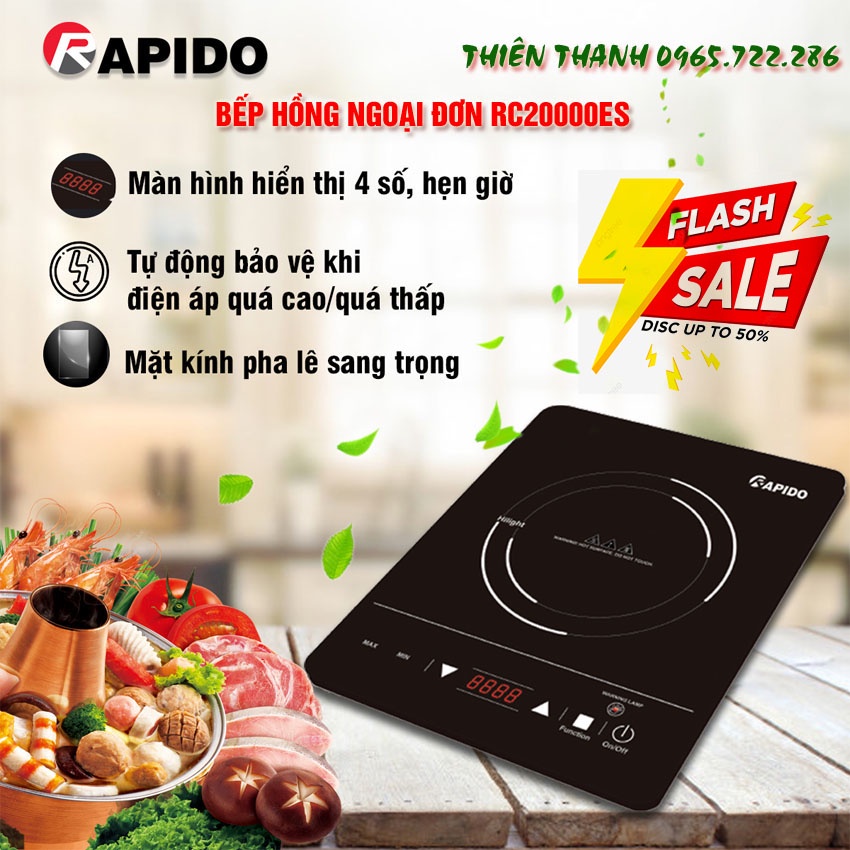 Sale 50%> Bếp hồng ngoại đơn Mini Rapido RC20000ES 2000W thiết kế nhỏ gọn, sang trọng, độ bền cao, bảo hành 12 tháng