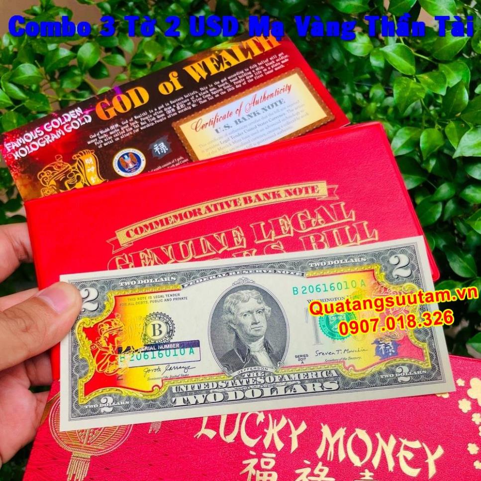 [RƯỚC LỘC] (3 Combo) Tờ 2 USD Mỹ Hình Thần Tài Vàng may mắn + bao da đỏ, Quà Tết 2022