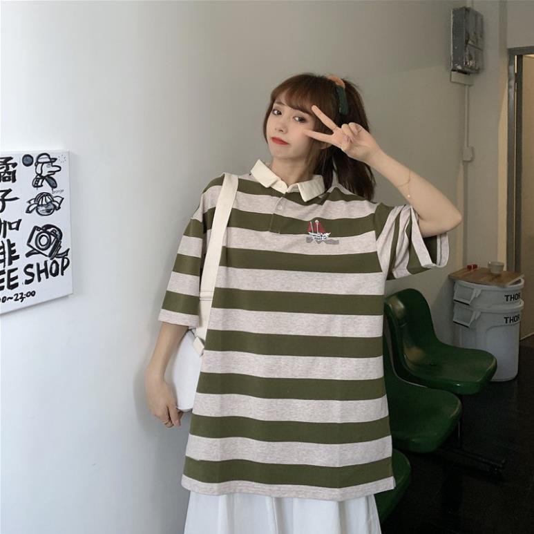 Áo Phông Ulzzang Tay Lỡ Sọc Ngang- Có Cổ 👕 * hè