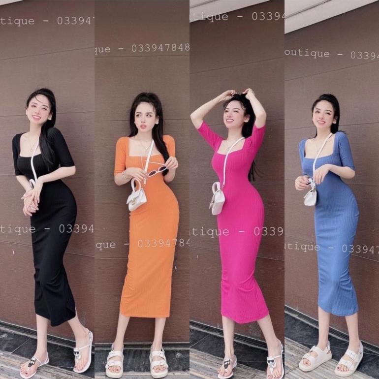 váy len tăm cổ vuông body tay lỡ 4 màu