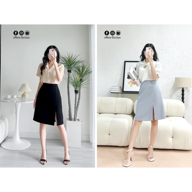 Chân Váy công sở chữ A midi ngang gối xẻ lệch phía trước Meow Boutique