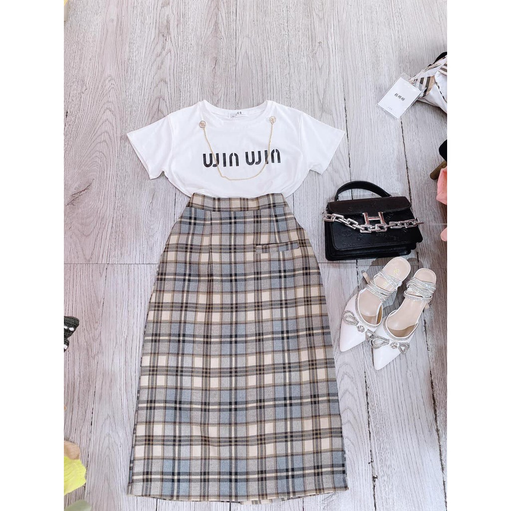 Đồ bộ nữ Set Áo Phông Trắng Cotton L1 Chân Váy kẻ Dài