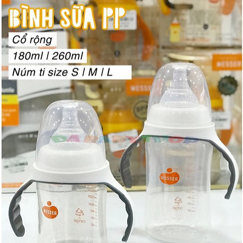 Bình Sữa Wesser PP Cổ Rộng 180ml Đi Kèm Núm Ti Size S 0-3Tháng Mẫu Mới