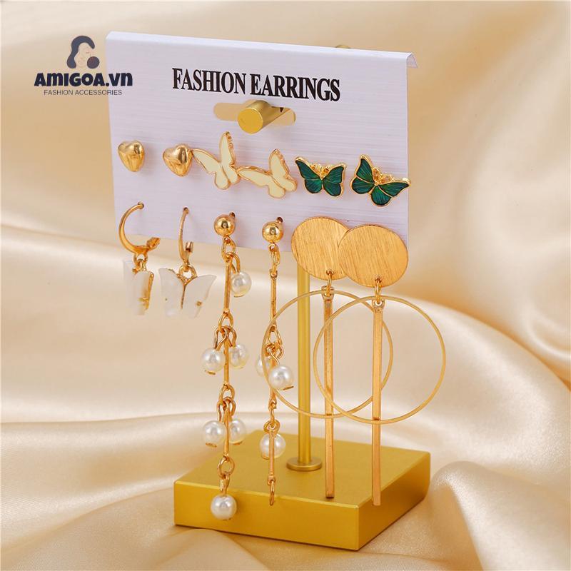 ✨✨Bộ Khuyên Tai Hình Học Chữ C Đính Ngọc Trai Đơn Giản