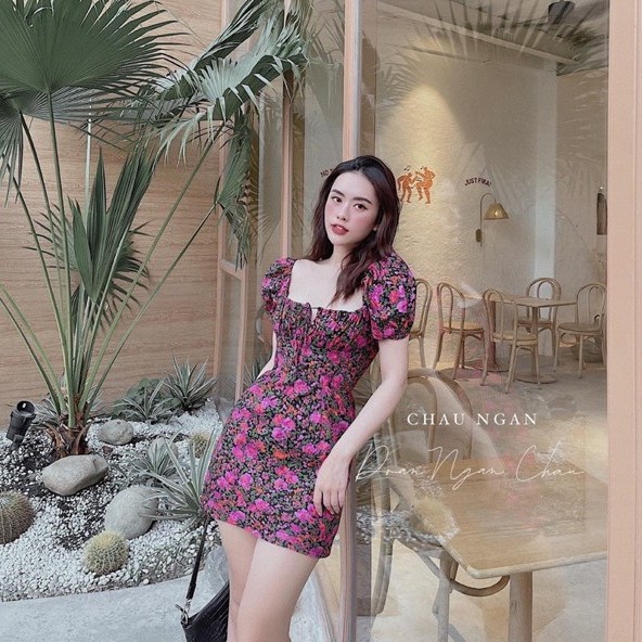 Đầm trễ vai hoa nhí hồng tím dáng ngắn tiểu thư siêu xinh, Váy dự tiệc cổ vuông tay bồng hàng đẹp giá rẻ | BigBuy360 - bigbuy360.vn