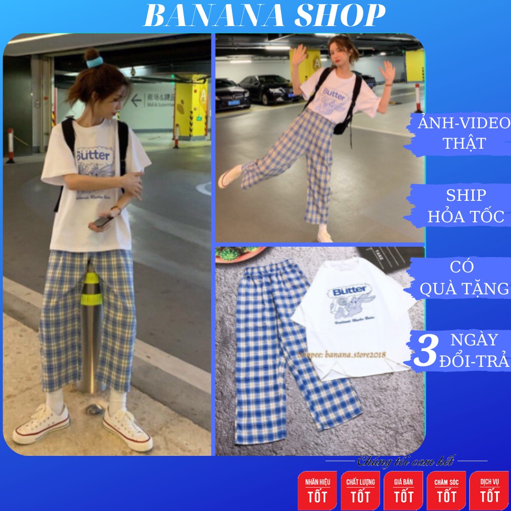 Set bộ quần suông ống rộng kẻ xanh kèm áo thun tay lỡ thỏ Butter form thụng