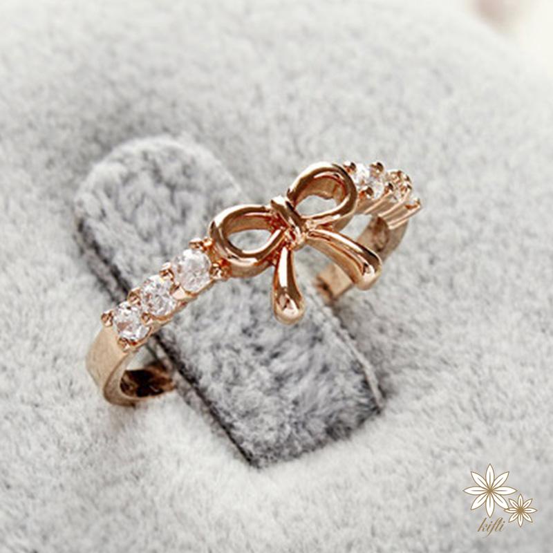 【kifli】 Nhẫn nơ hợp kim đính đá thanh lịch và nữ tính