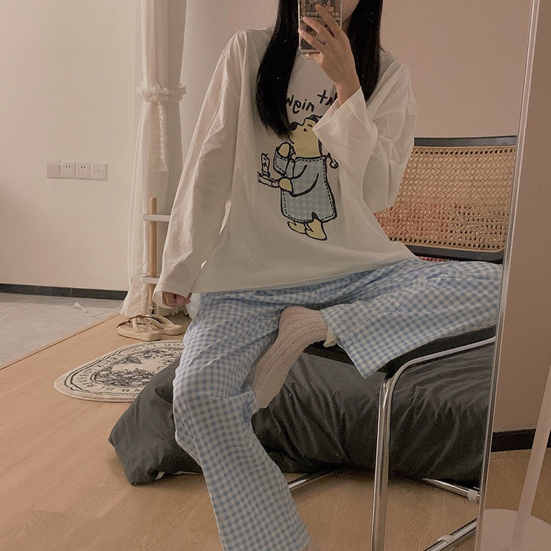 Bộ Đồ Ngủ Tay Dài In Hoạt Hình Winnie the Pooh Phong Cách Hàn Quốc Thời Trang Cho Nữ