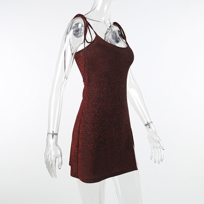 Brroa Đầm Ôm Hai Dây Màu Đỏ Đậm Đính Kim Tuyến Lấp Lánh Xẻ Tà Bên Hông Phong Cách Harajuku Gợi Cảm Cho Nữ