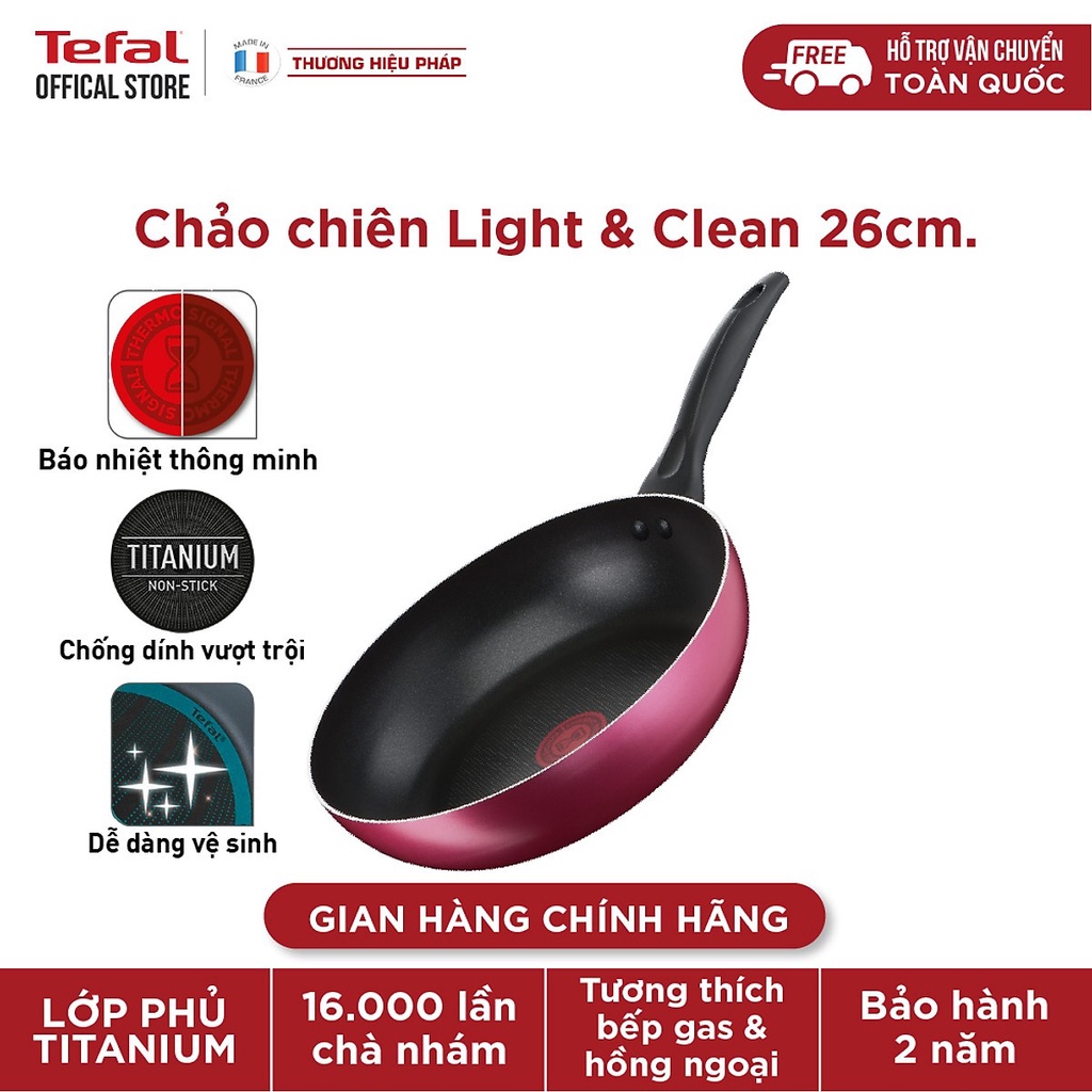 Chảo chiên Tefal Light & Clean 26cm B2240596 phủ Titanium & Nồi Tefal Primary chống dính đáy từ 3L 20cm E3084435 thép