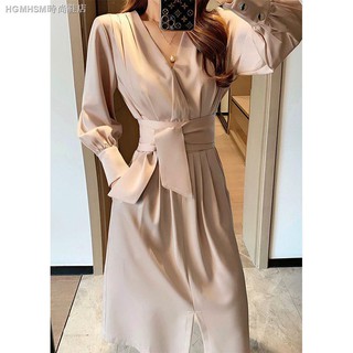 Đầm midi tay dài cổ chữ v dáng ôm chiết eo thời trang 2020