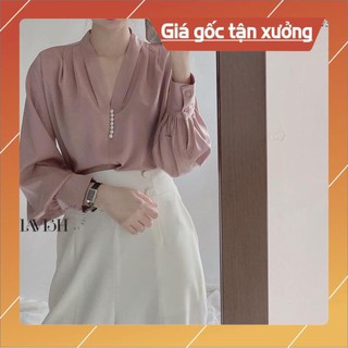 Áo sơ mi cổ v đính khuy ngọc tay bồng vải chéo thái đẹp- áo sơ mi công sở kiểu