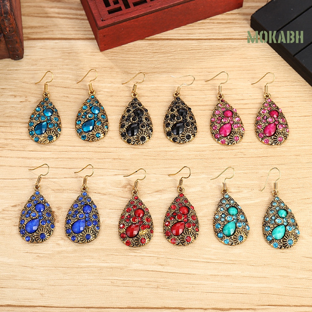 1 Đôi Bông Tai Đính Đá Hình Giọt Nước Phong Cách Dân Tộc Thời Trang