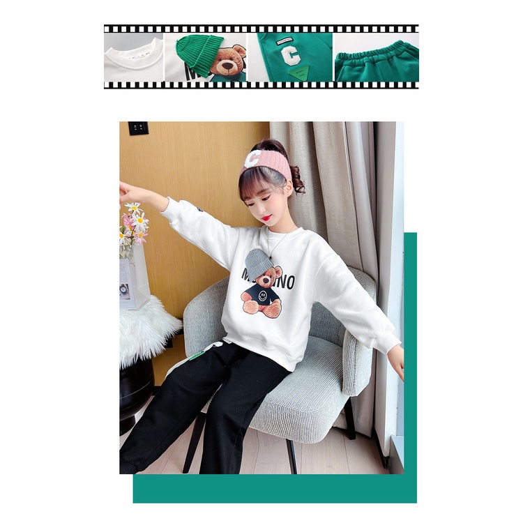 Set bộ quần áo thu đông cho bé gái 4-14 tuổi mẫu GẤU Mũ. Thiết kế cá tính, đường may kỹ.MA99