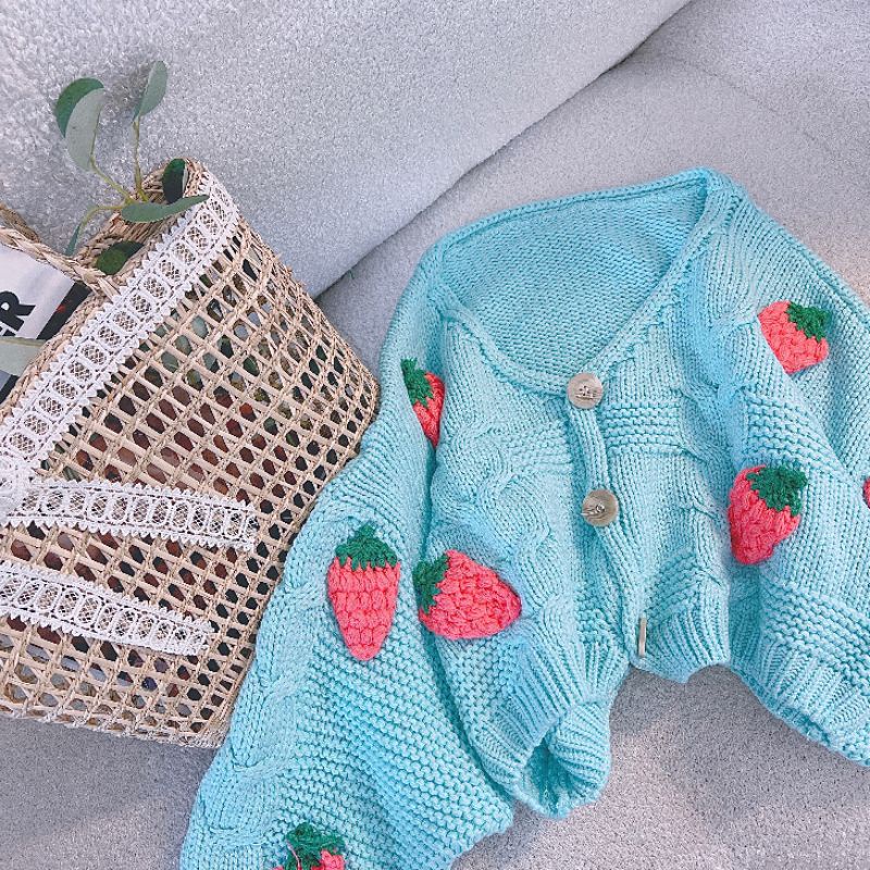 Áo Len cadigan đính dâu nổi móc thủ công, phom CROPTOP
