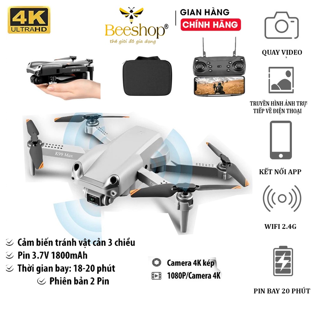 Flycam K99 PRO MAX Thế Hệ 2022, Camera WIFI FPV 4K HD, Tích Hợp Giữ Độ Cao, Chế Độ Không Đầu pro max