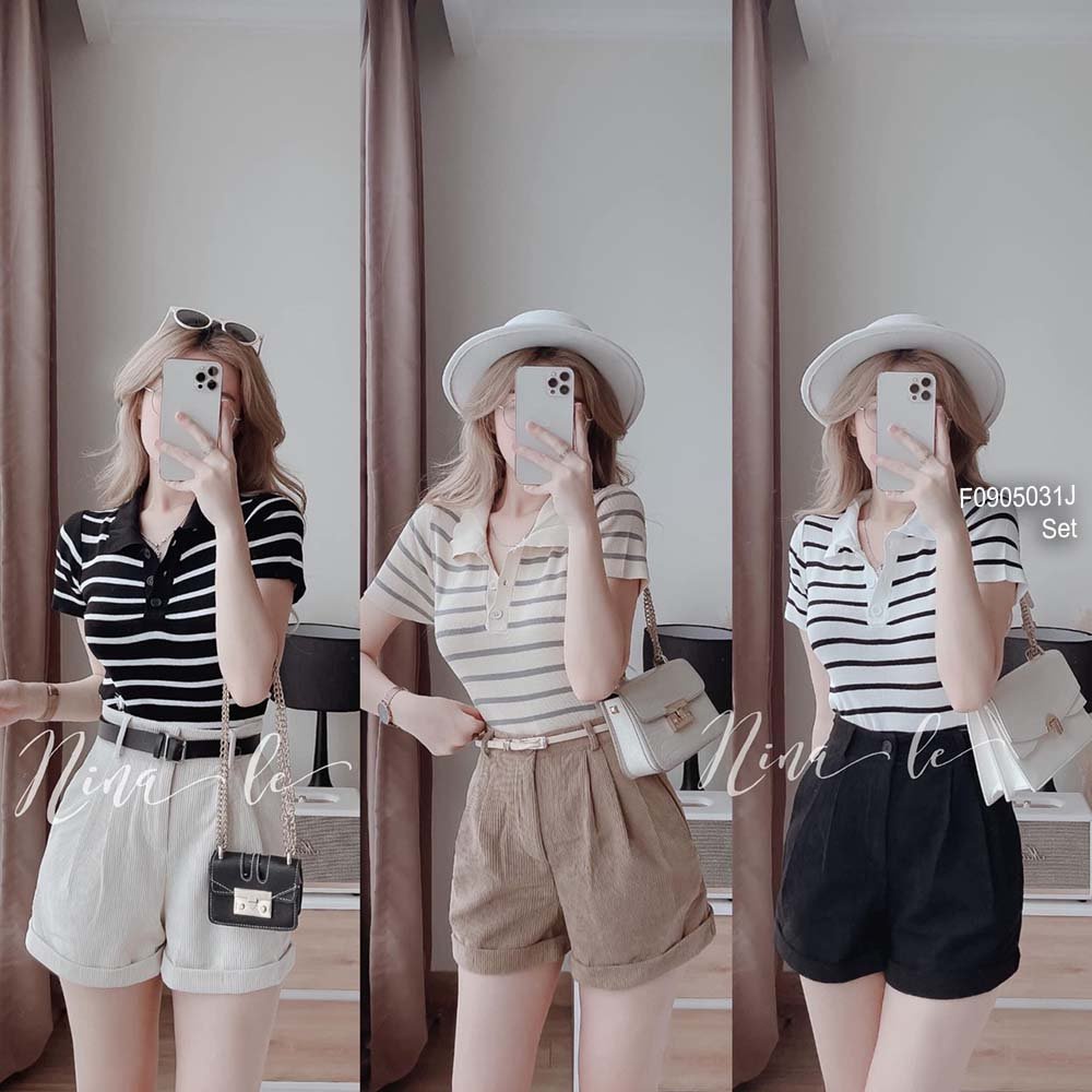 Set 3 món áo thun polo kẻ sọc cổ bẻ tay con quần short tăm kèm nịt!